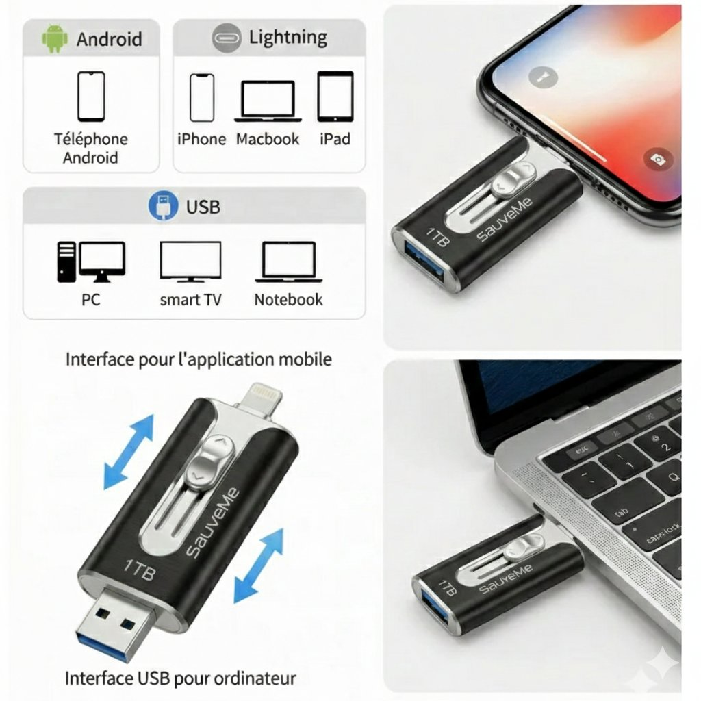 Clé USB SauveMe 4-en-1 compatible iPhone Android PC Mac avec connecteurs Lightning USB-C et USB 3.0 inclus