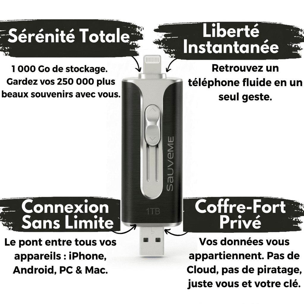 Clé USB SauveMe 1 To - Sérénité totale, liberté instantanée, connexion sans limite et coffre-fort privé pour vos photos