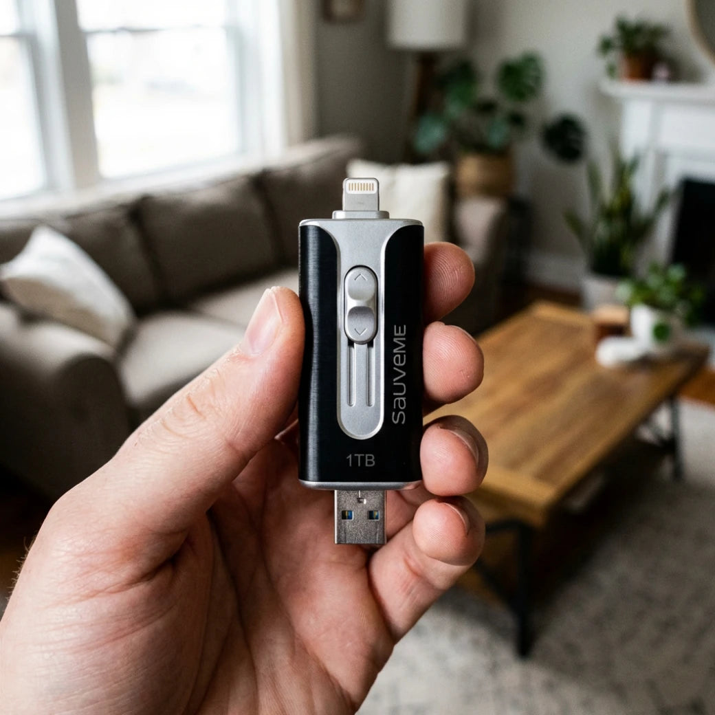 Main tenant une clé de sauvegarde SauveMe 1TB noir et argent dans un salon, montrant le design compact et les connecteurs Lightning et USB