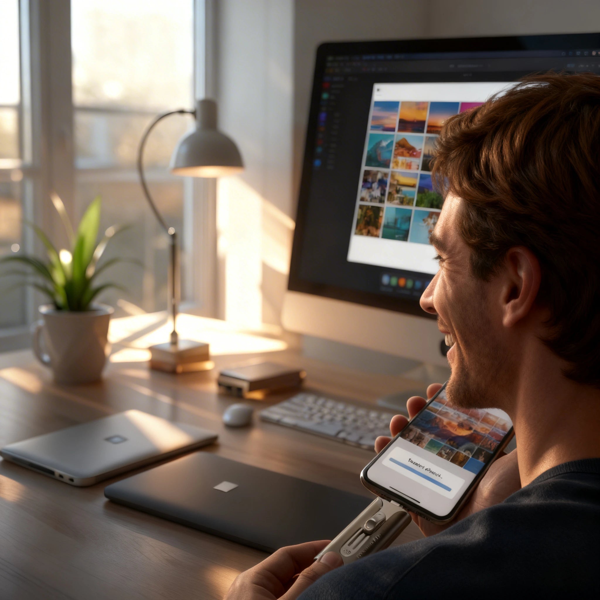 Homme souriant qui sécurise ses photos sur clé USB SauveMe sans abonnement Cloud, données protégées à vie