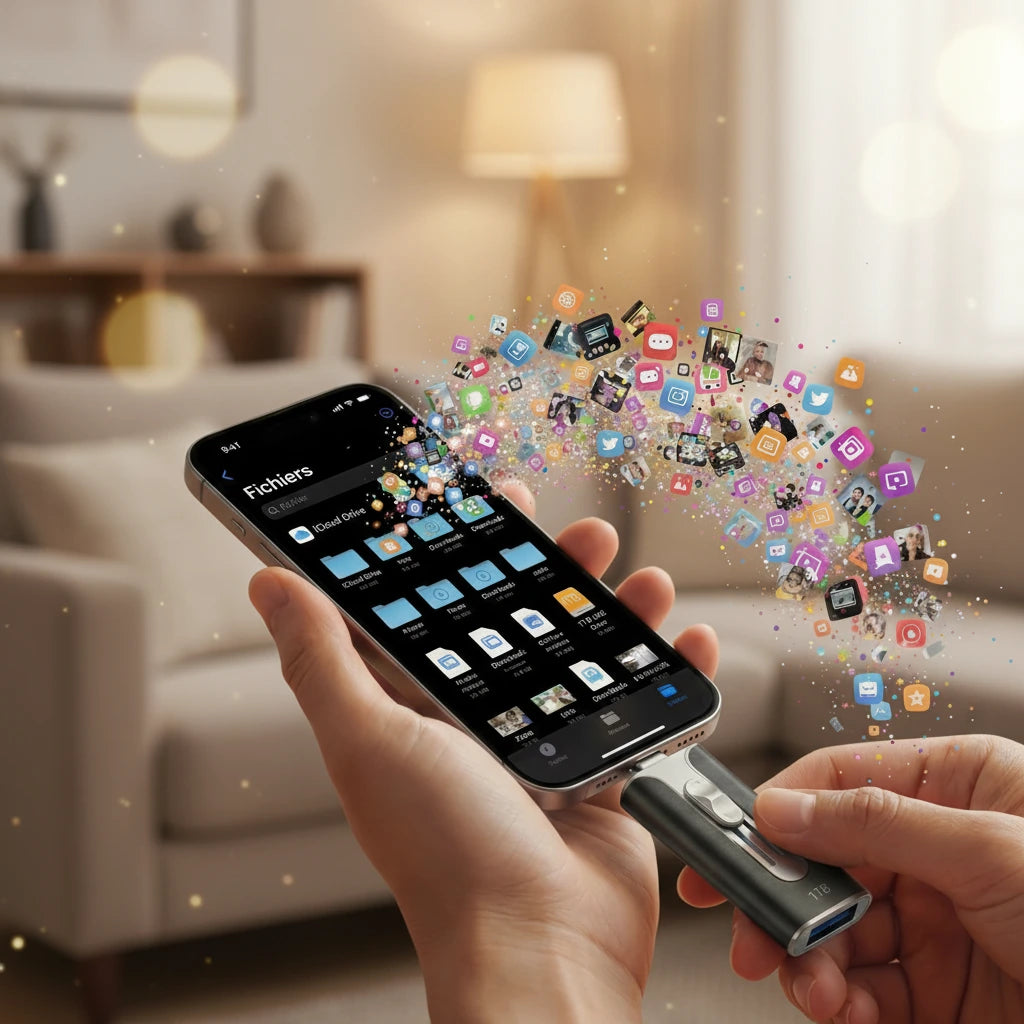 iPhone qui transfère instantanément photos et vidéos vers une clé USB SauveMe 1 To sans Wi-Fi ni abonnement