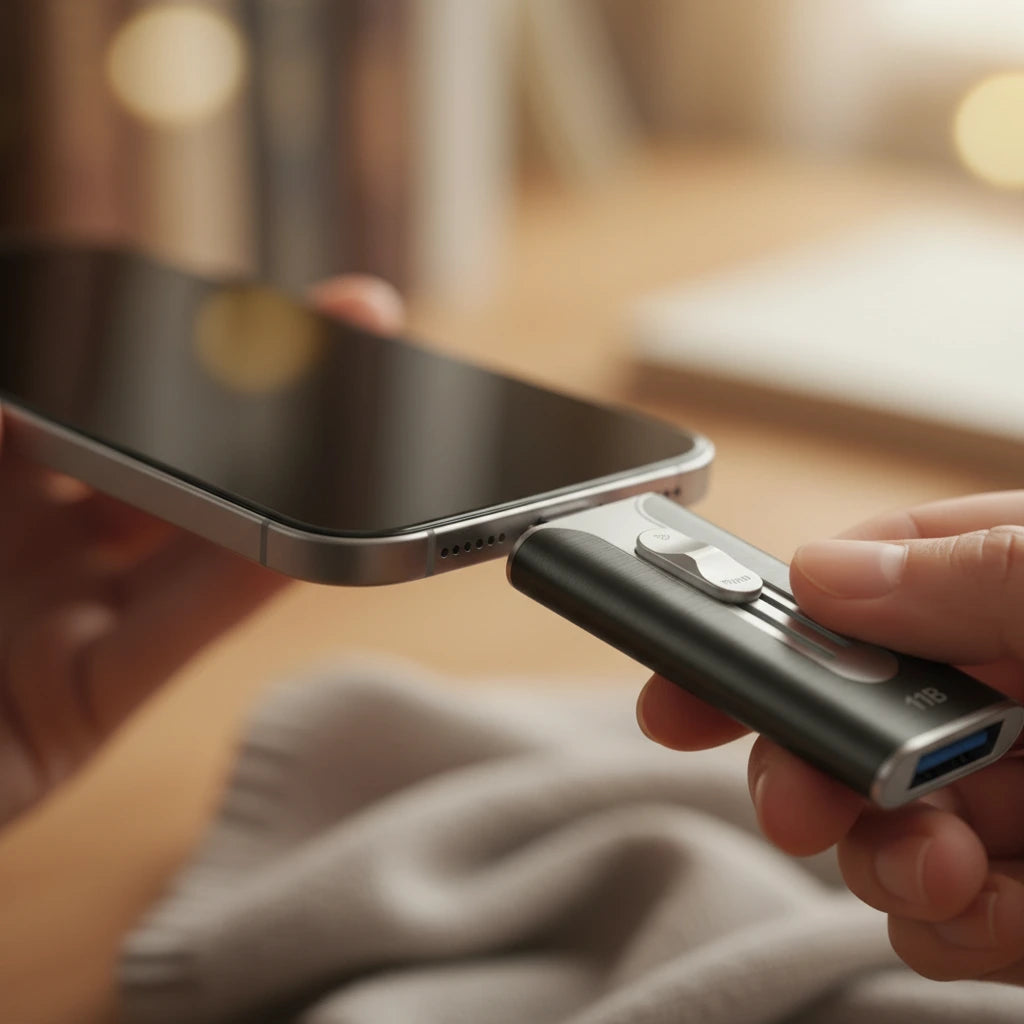 Main branchant une clé USB SauveMe sur un iPhone pour transférer et sauvegarder des photos en 1 clic