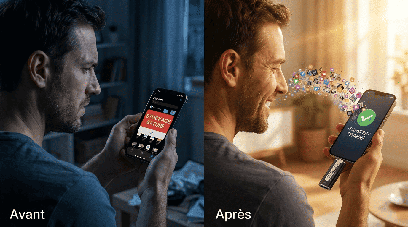 Homme frustré par son téléphone plein puis soulagé après avoir transféré ses photos sur une clé USB SauveMe 1 To