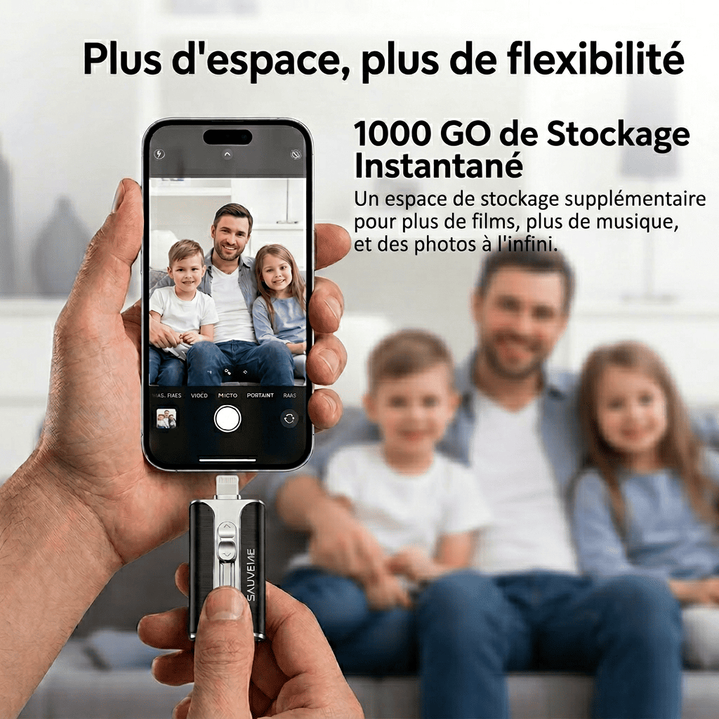 Clé USB de stockage externe 1000 GO connectée à un iPhone affichant une photo de famille, marque SauveMe.