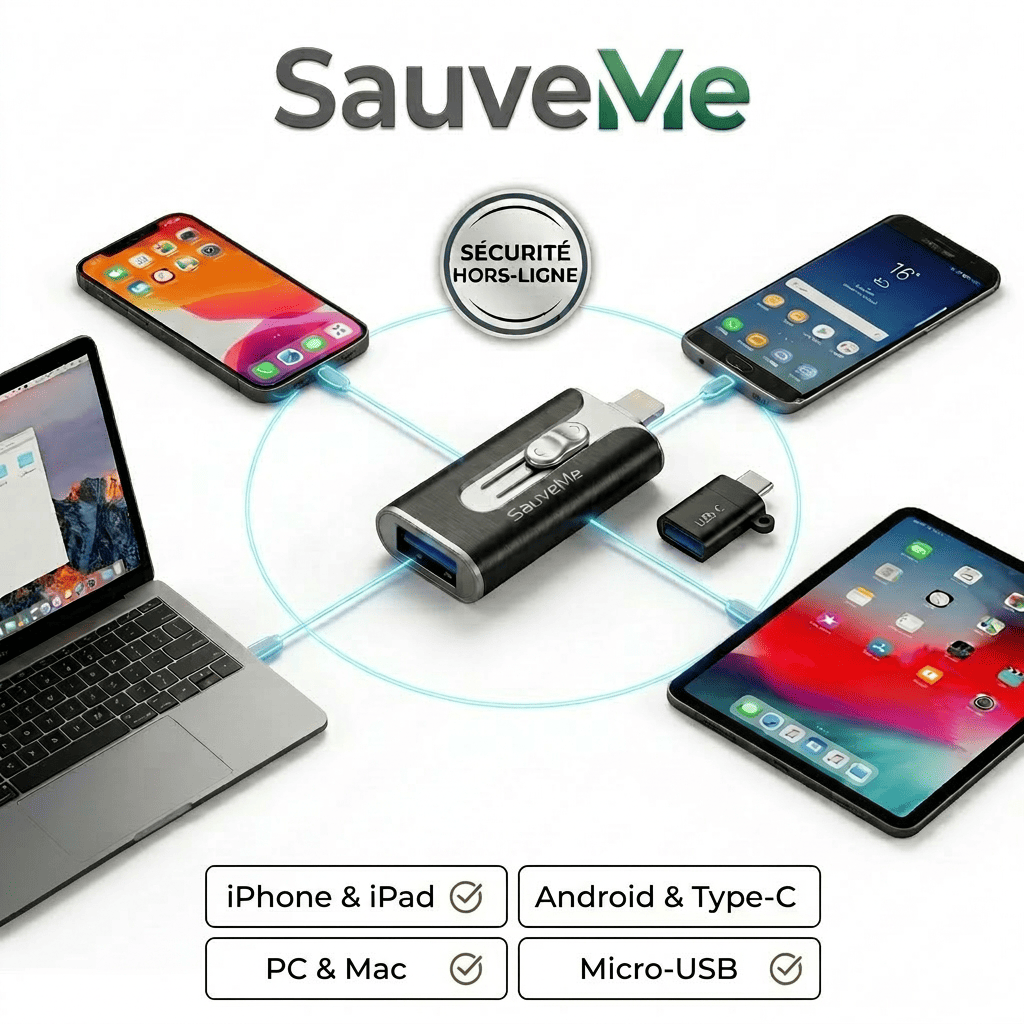 Clé USB SauveMe 4-en-1 compatible iPhone Android PC Mac avec connecteurs Lightning USB-C et USB 3.0 inclus
