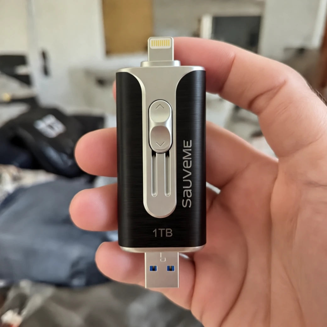Gros plan sur les connecteurs Lightning et USB 3.0 de la clé de sauvegarde SauveMe 1 To en métal brossé