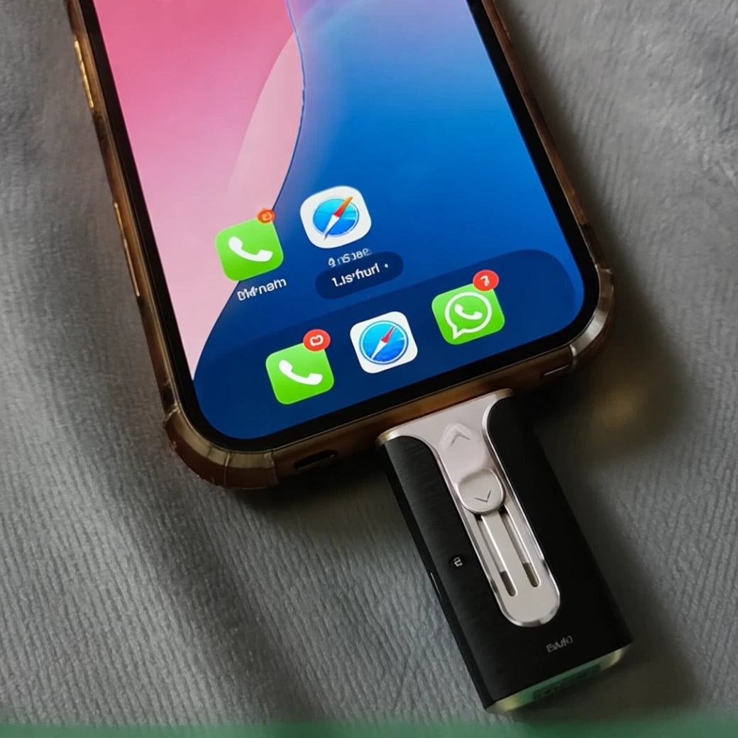 Gros plan d'une clé SauveMe branchée sur le port Lightning d'un iPhone, montrant la compatibilité directe avec le smartphone.