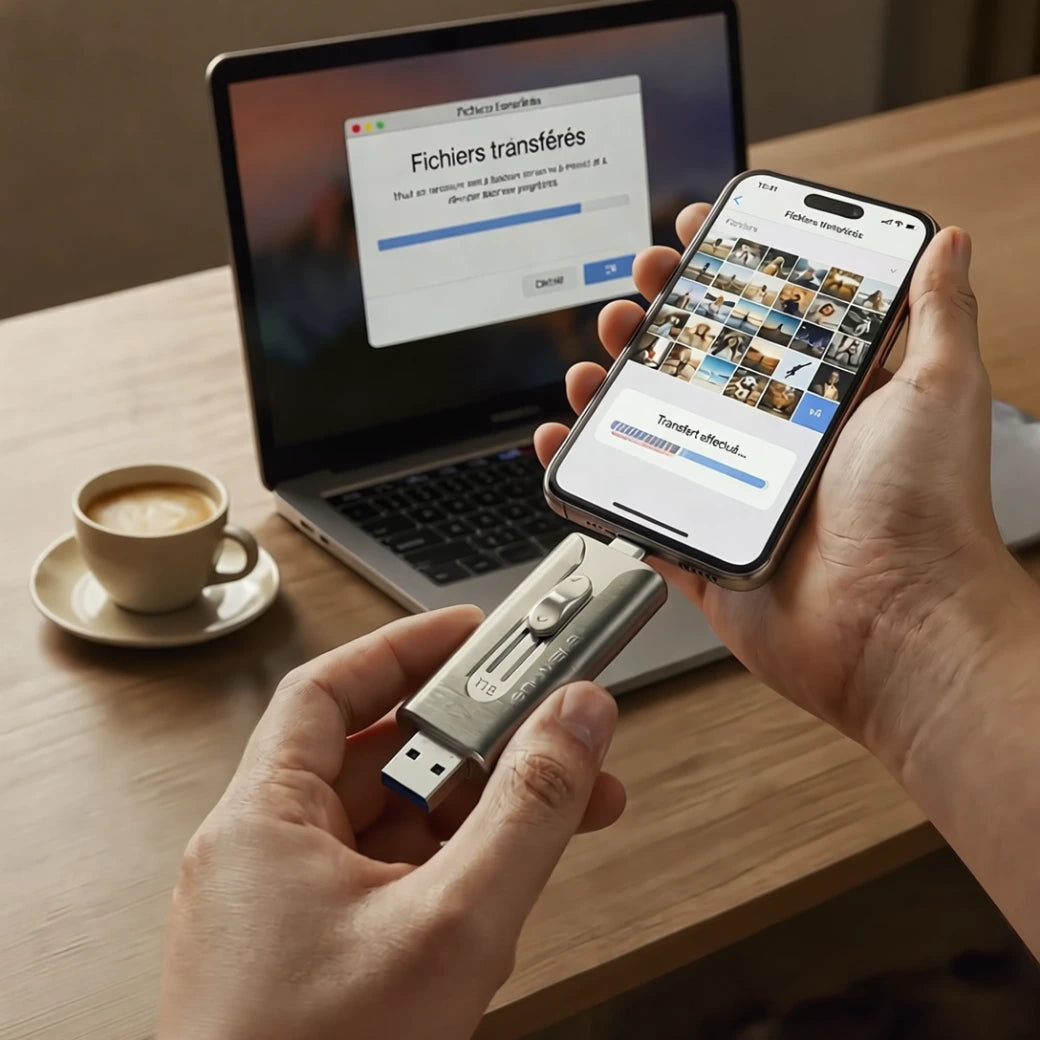 Transfert de fichiers et photos en cours depuis un iPhone vers un ordinateur portable grâce à la clé de sauvegarde SauveMe